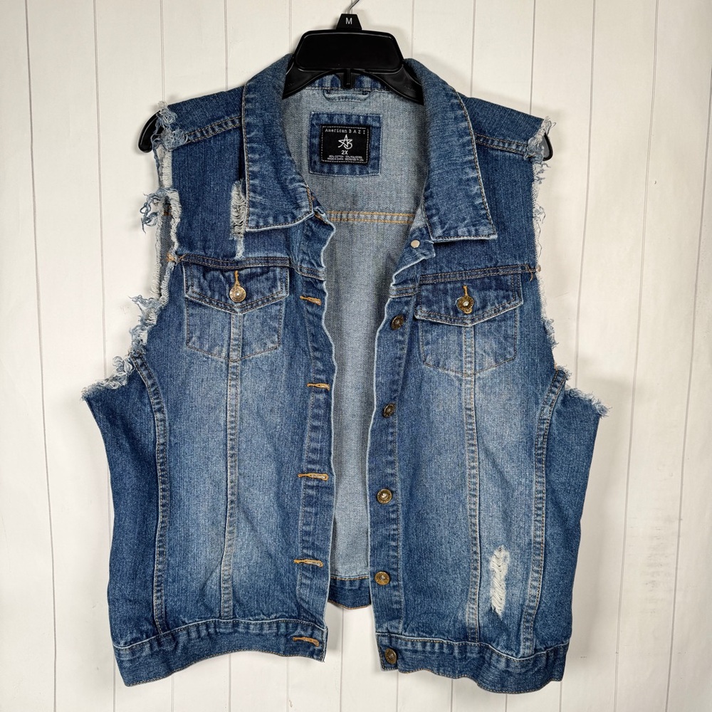 American Bazi Distressed Denim Cut Off Jean Vest Grunge Trucker Womens *Large*